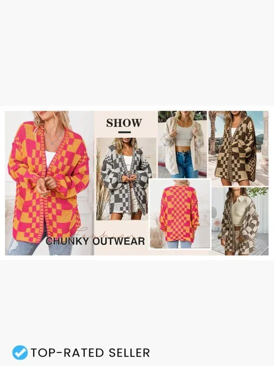 Vintage Checkered Cardigan Chunky Knit Oversized Boyfriend Style Open Front - Picture 6 of 6